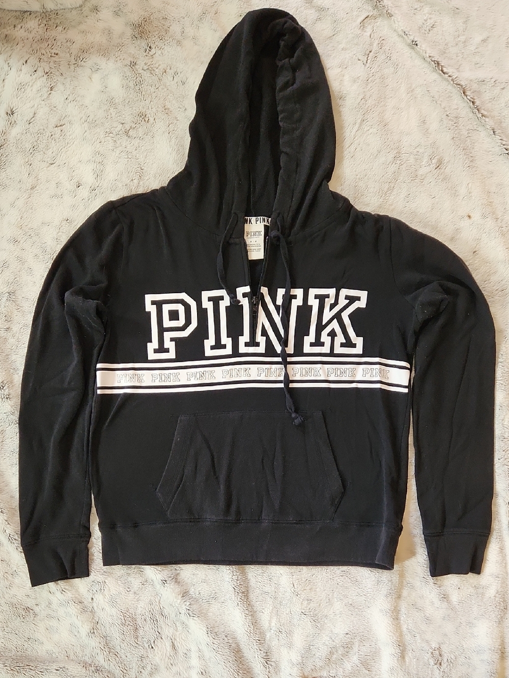 PINK Black 3/4 Zip Hoodie with White Logo